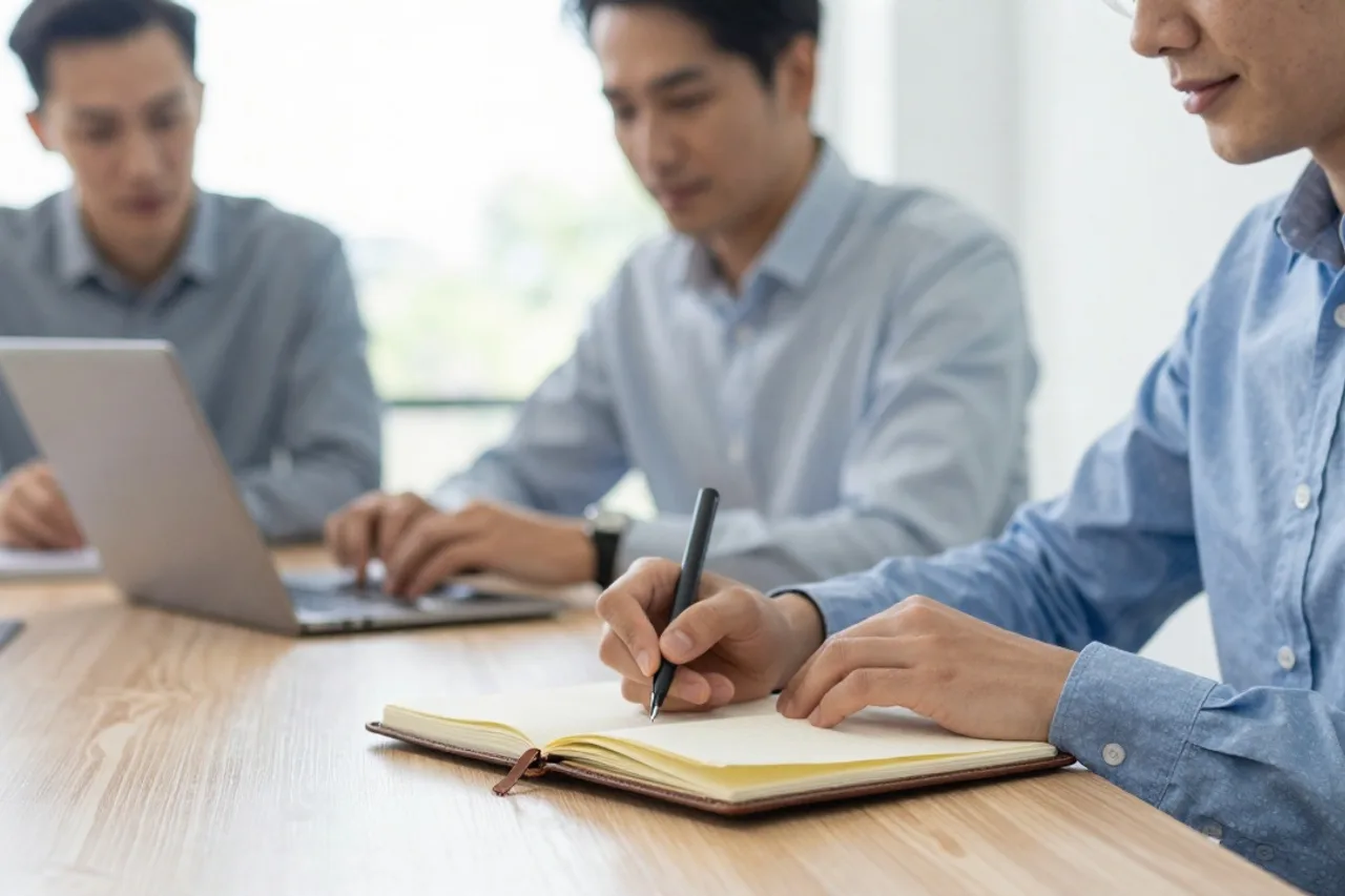 Gros plan de mains prenant des notes dans un carnet en cuir sur un bureau en bois