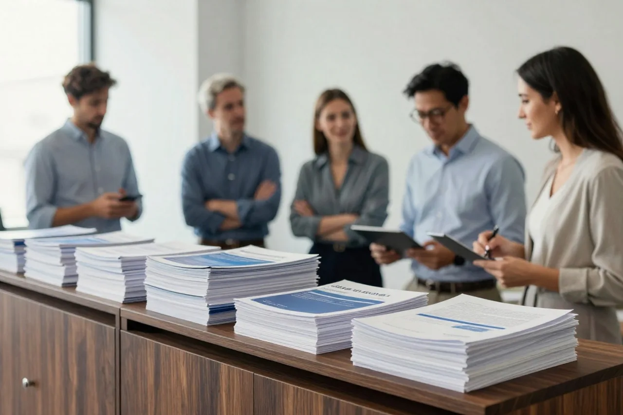 Pile de rapports stratégiques reliés sur une étagère en bois sombre